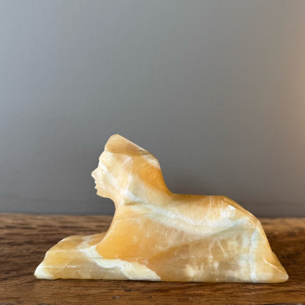 Vintage Sphinx Figurine Hand-Carved Alabaster Stone Marbled Egyptian Sculpture